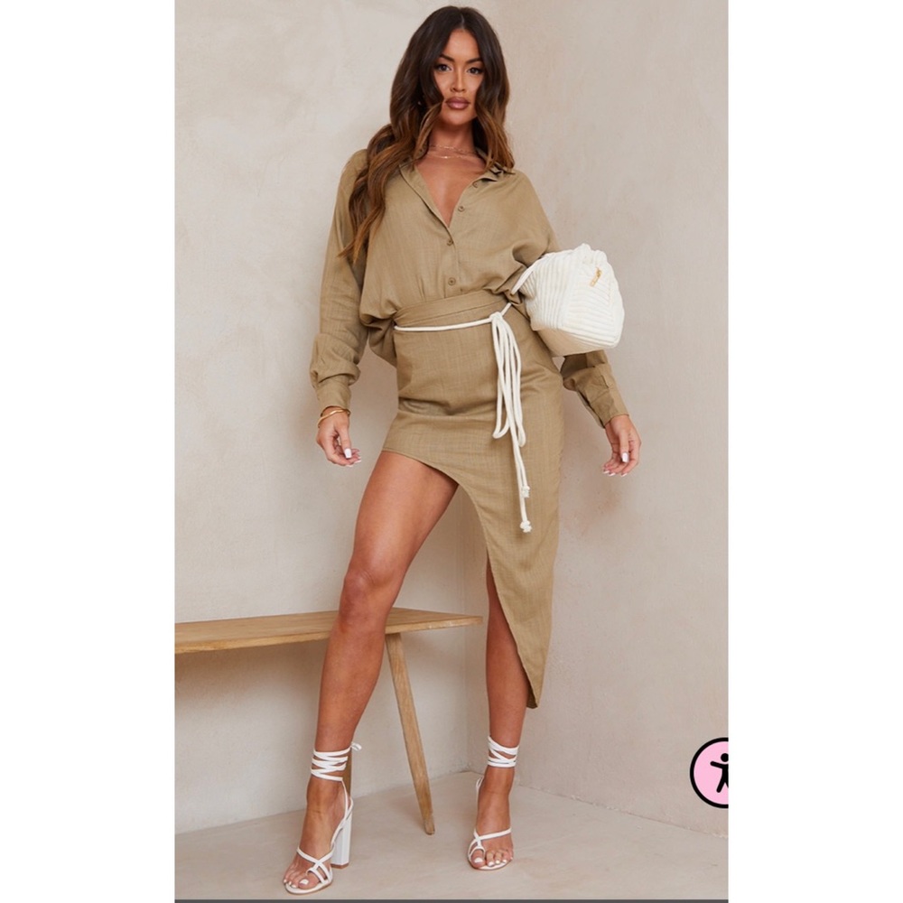 PrettyLittleThing Khaki Linen Look Rope Tie Assymetric Skirt